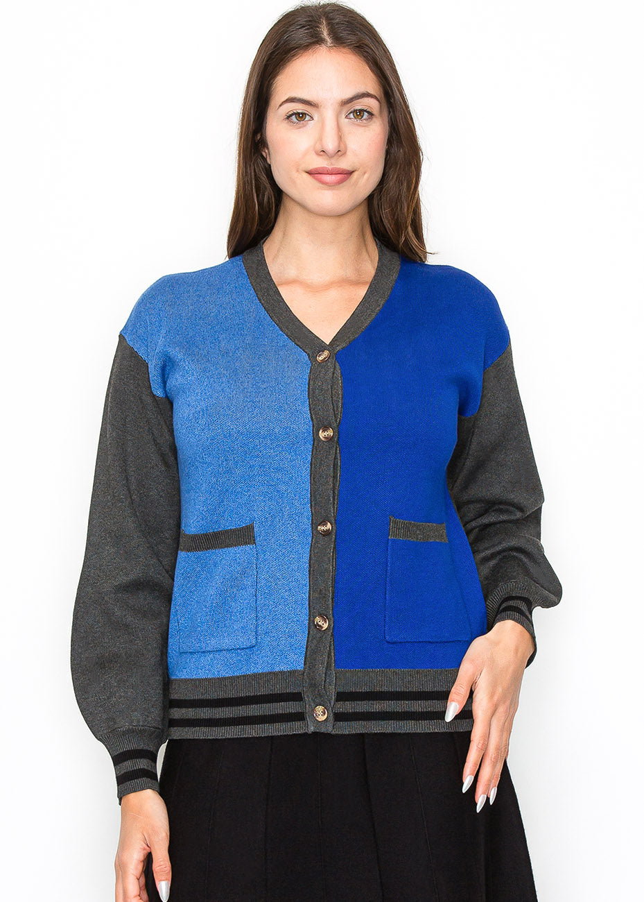 Blue and Grey Color-Block Cardigan 7833664389180