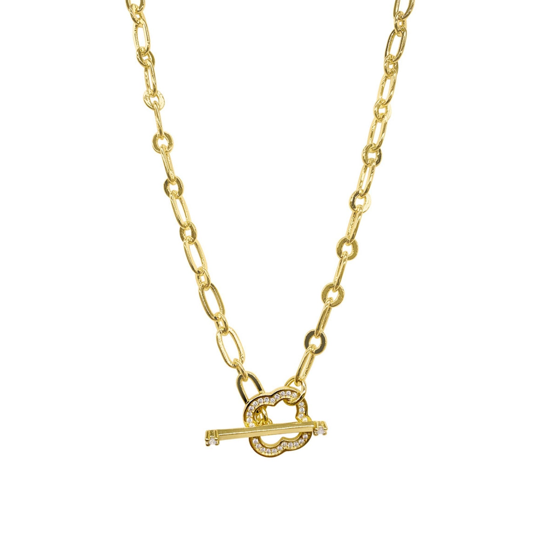 14k Gold Plated Crystal Clover Paper Clip Chain Toggle Necklace