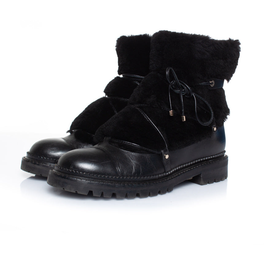 Fur embellished leather lace up boots 7833157402684