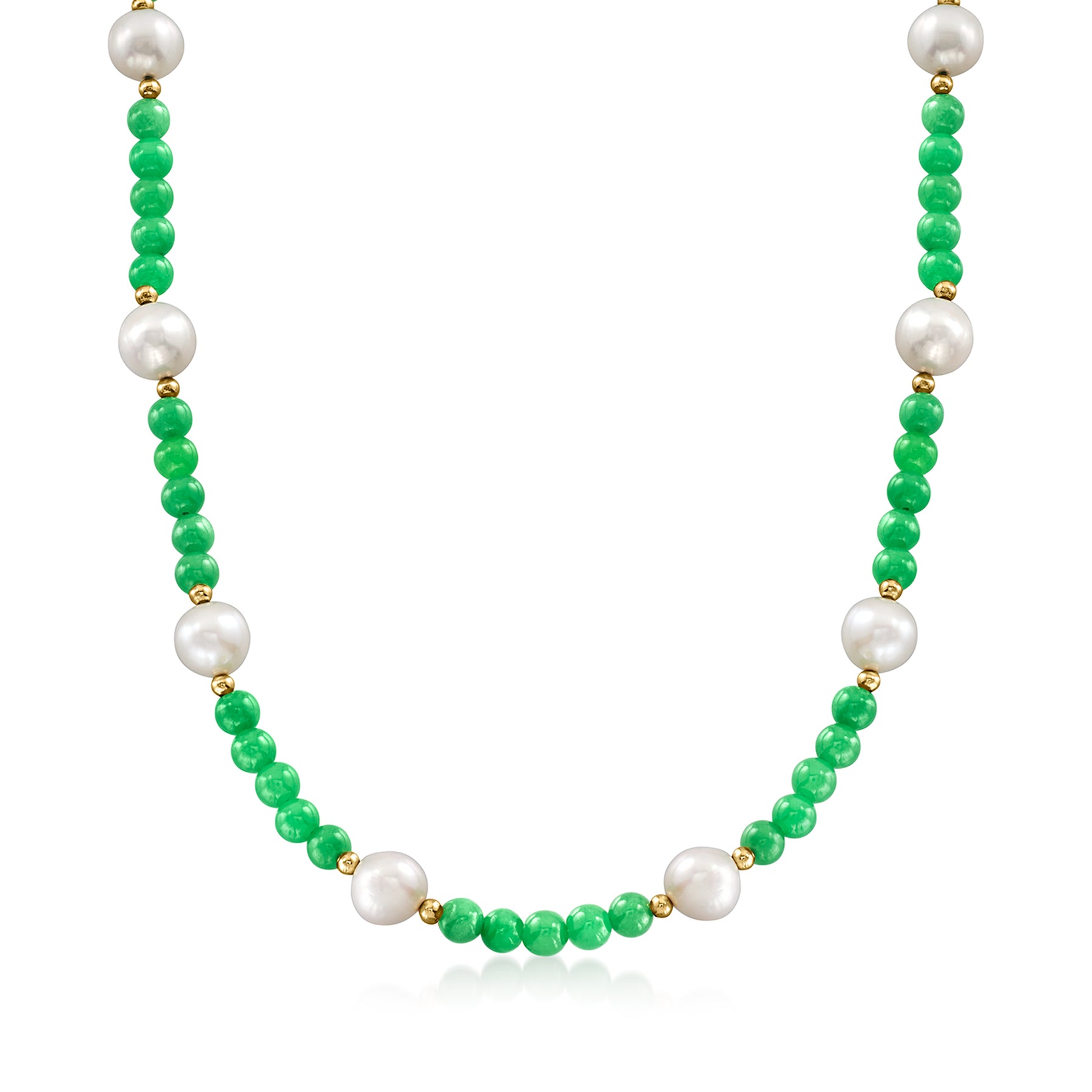 Ross-Simons 9-10mm Cultured Pearl and 6mm Jade Bead Necklace With 18kt Gold Over Sterling