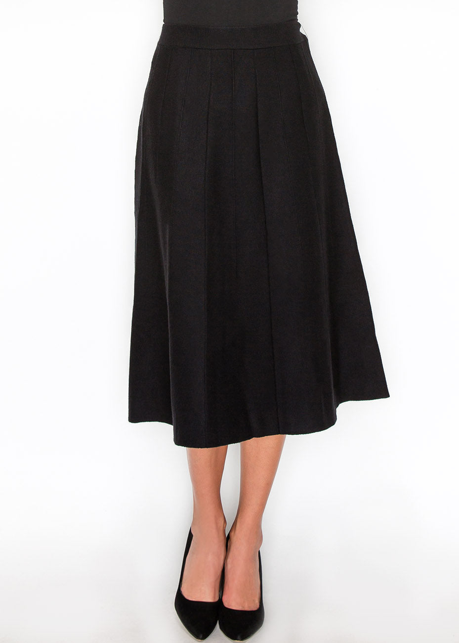 Black Pleated Knit Midi Skirt 7833046122556