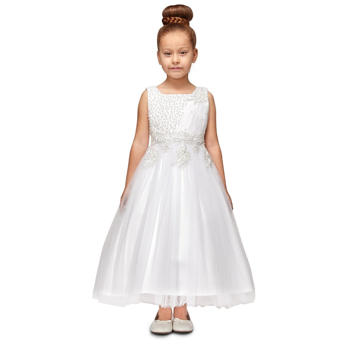 Little Girls White Pearl Bead Coiled Lace Satin Tulle Flower Girl Dress 4-6