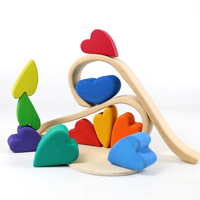 10 Pcs STAINED Rainbow Heart-shaped Wooden Stacking Puzzle Blocks