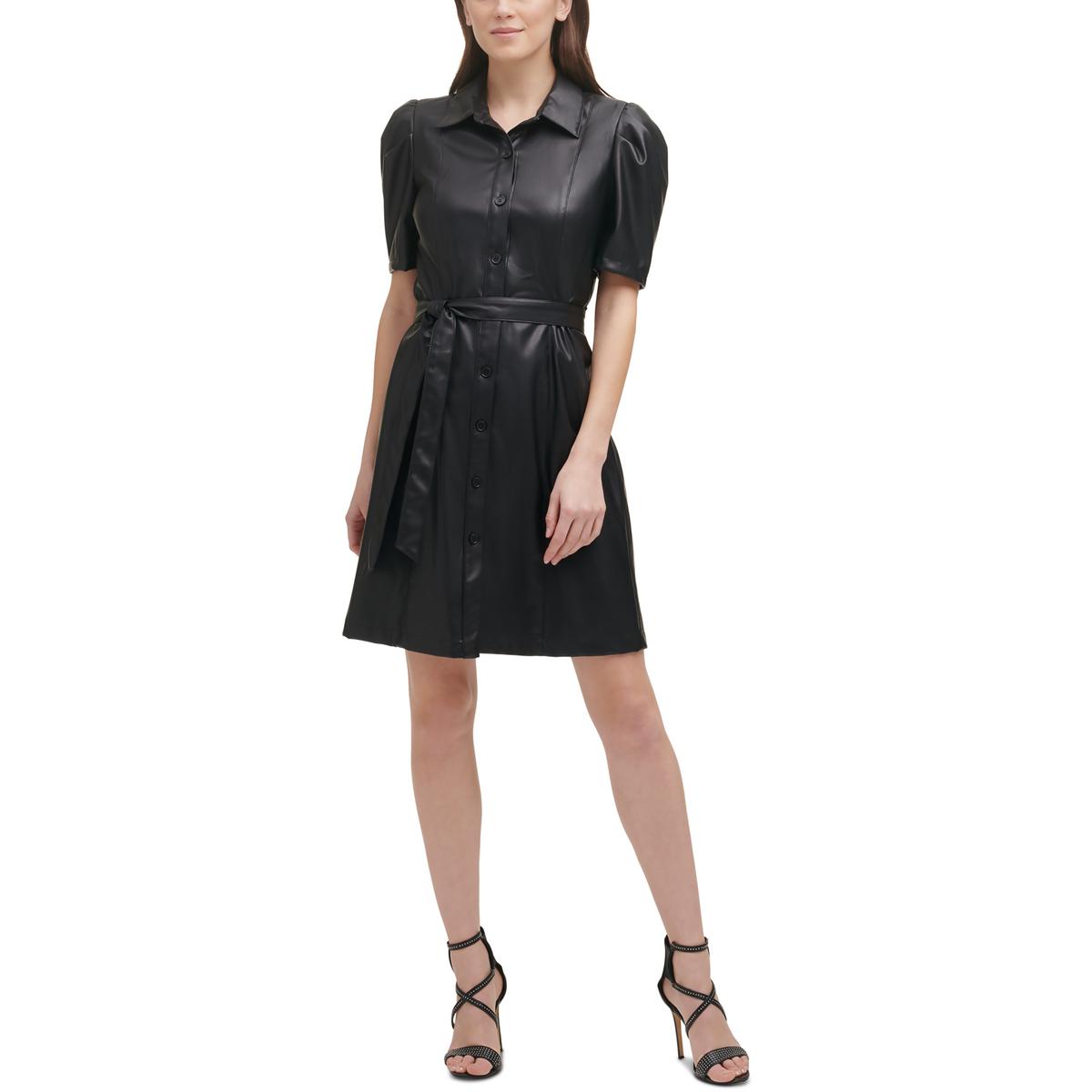 Faux Leather Knee-Length Shirtdress