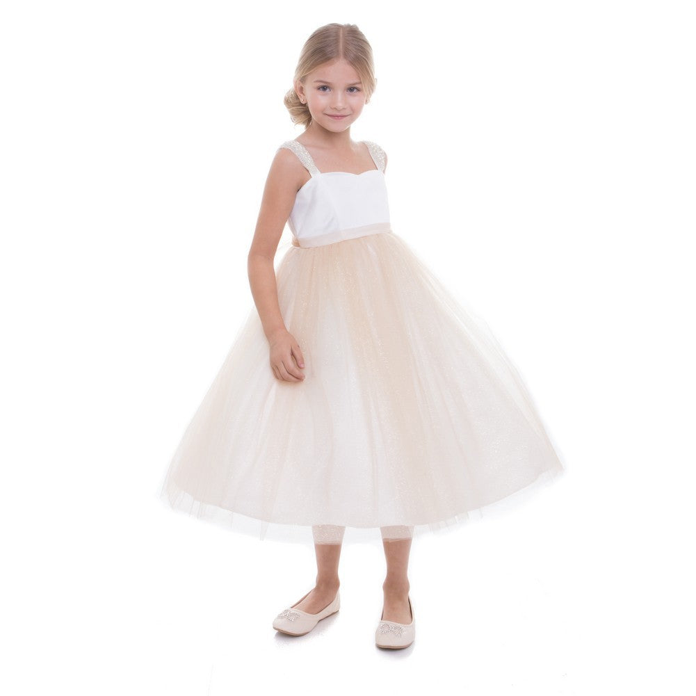 Little Girls Champagne Pearl Shoulder Mesh Flower Girl Dress 2T-6