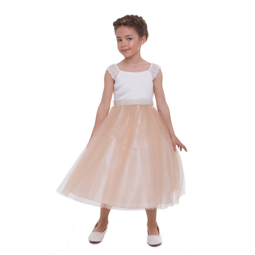 Little Girls Champagne Lace Cap Sleeved Flower Girl Dress 2T-6