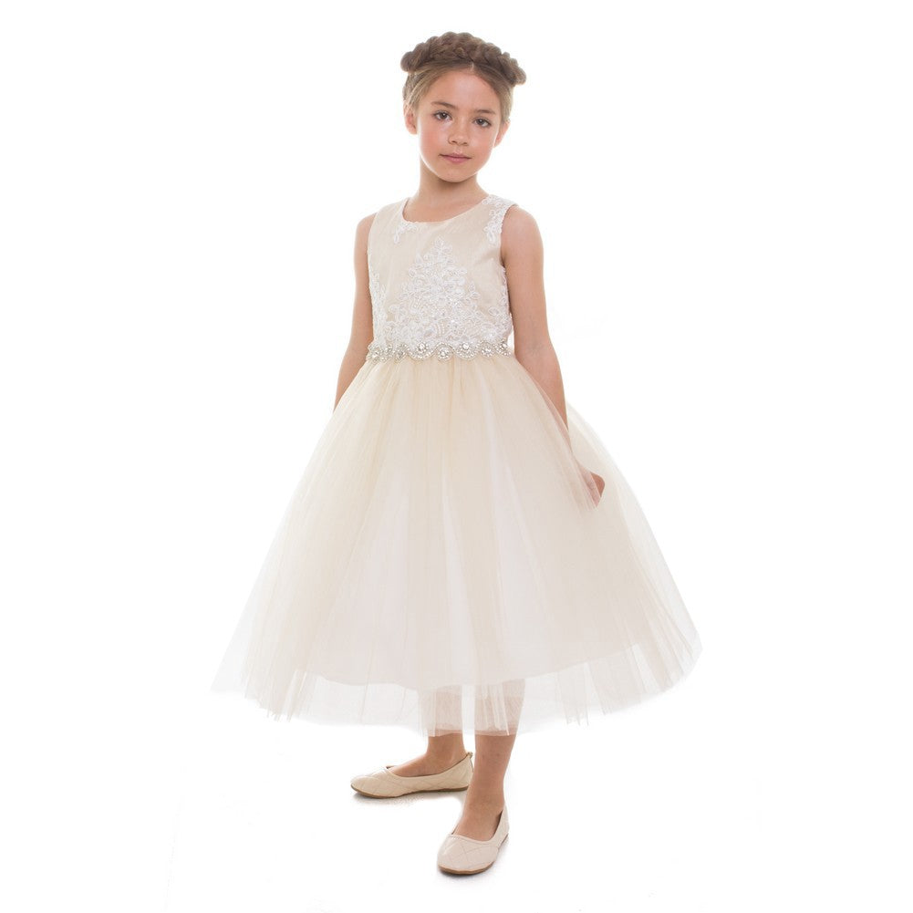 Big Girls Champagne Beaded Applique Junior Bridesmaid Dress 8-12