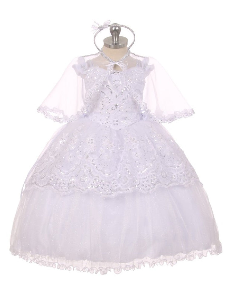 Rainkids Little Girls White Organza Sequins Hi-Low Sheer Cape Baptism Dress 2-6