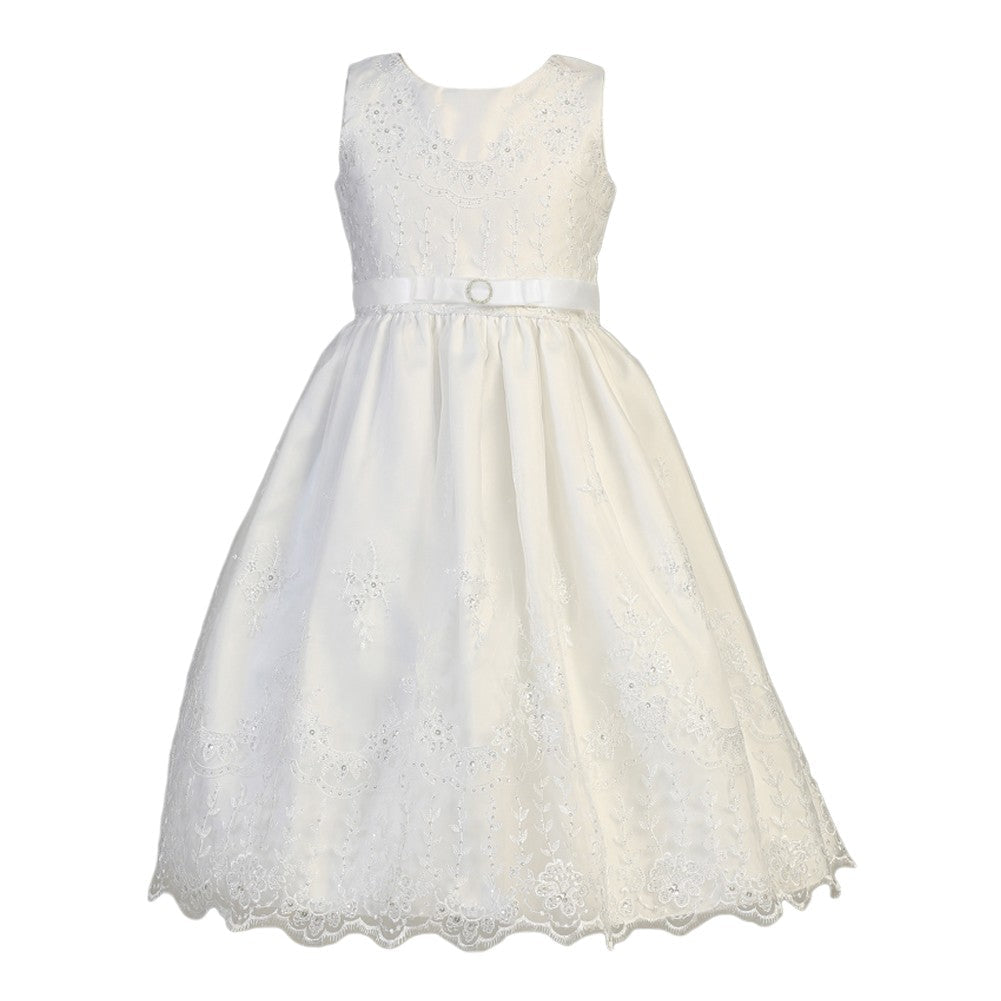 Little Girls White Embroidered Organza Satin First Communion Dress 5-6