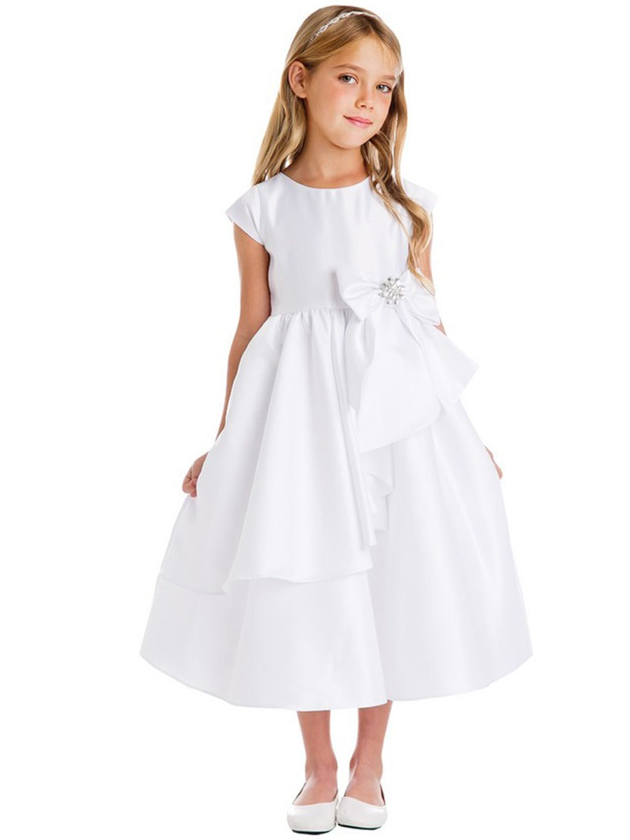 Girls White Satin Cascading Ribbon Accent Communion Dress 6-16