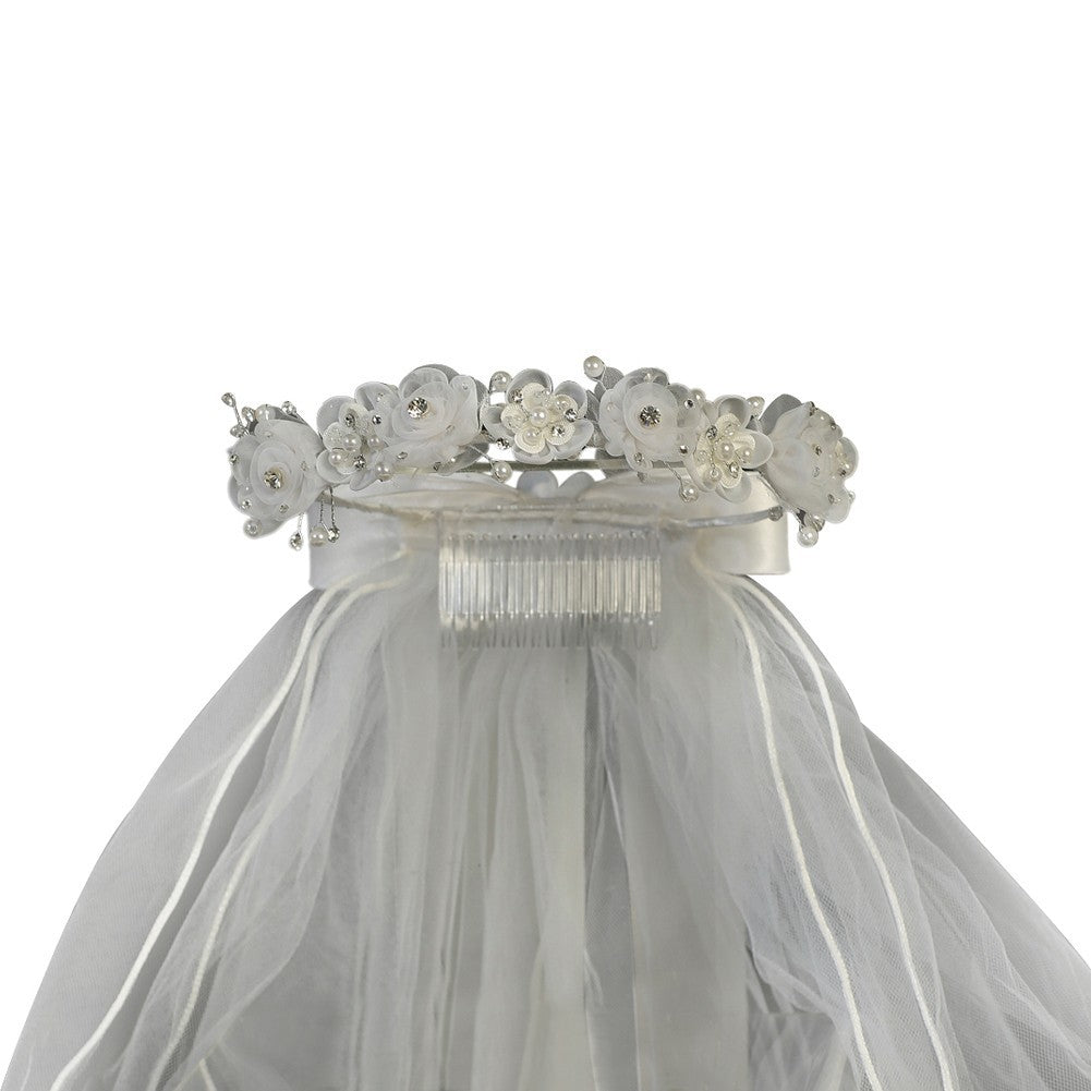 Girls White Organza Flowers Pearls Headpiece 24" Communion Flower Girl Veil