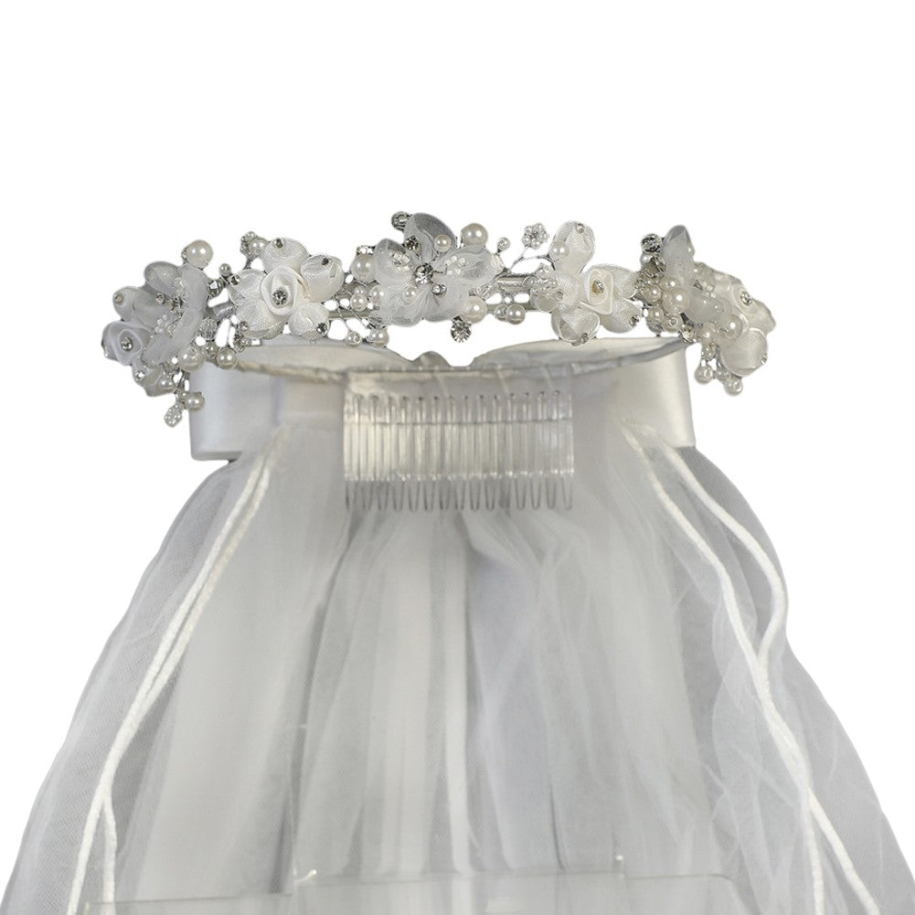 Girls White Organza Satin Flowers Headpiece 24" Communion Flower Girl Veil