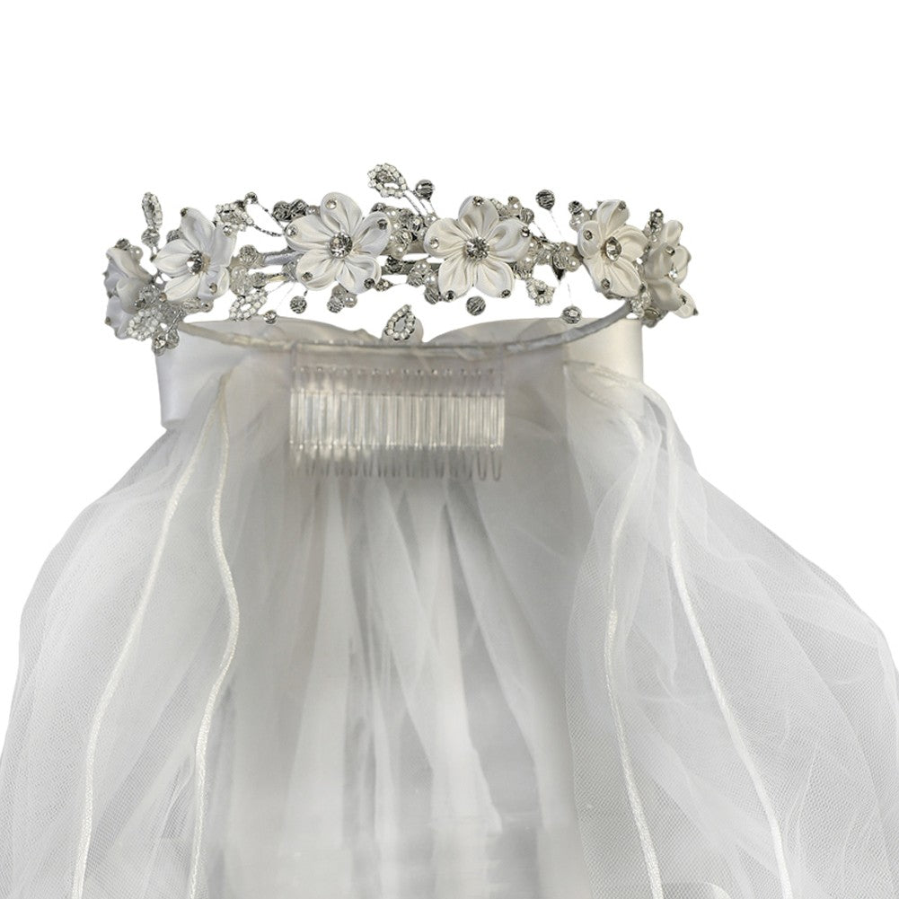 Girls White Satin Flower Sparkle Rhinestones Headpiece 24" Communion Veil