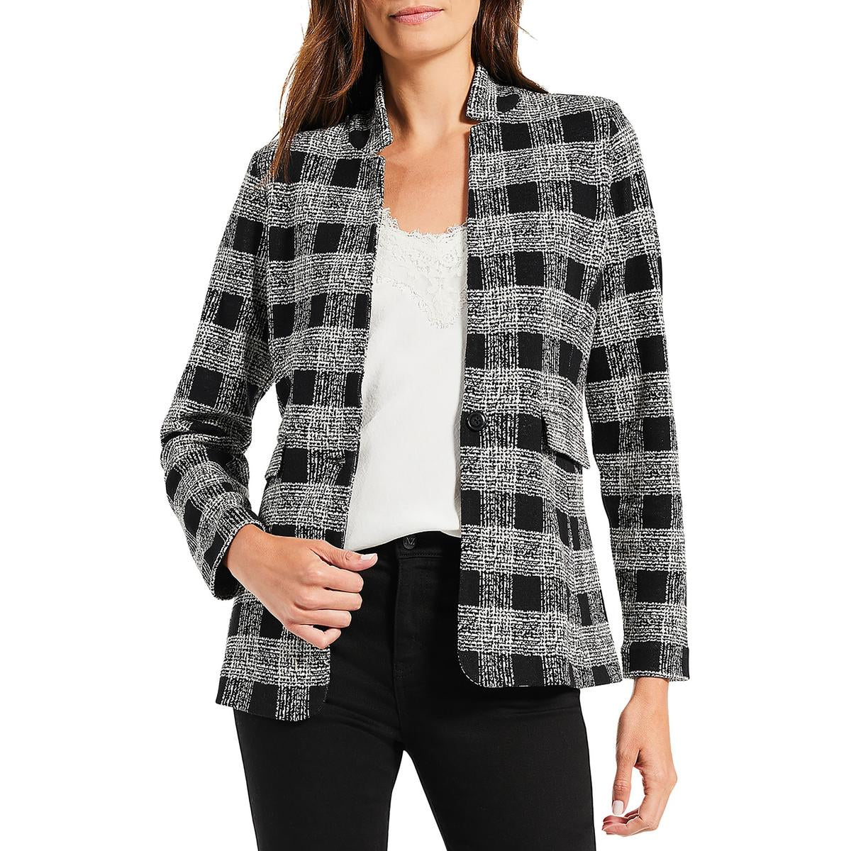 Cotton Blend Plaid One-Button Blazer
