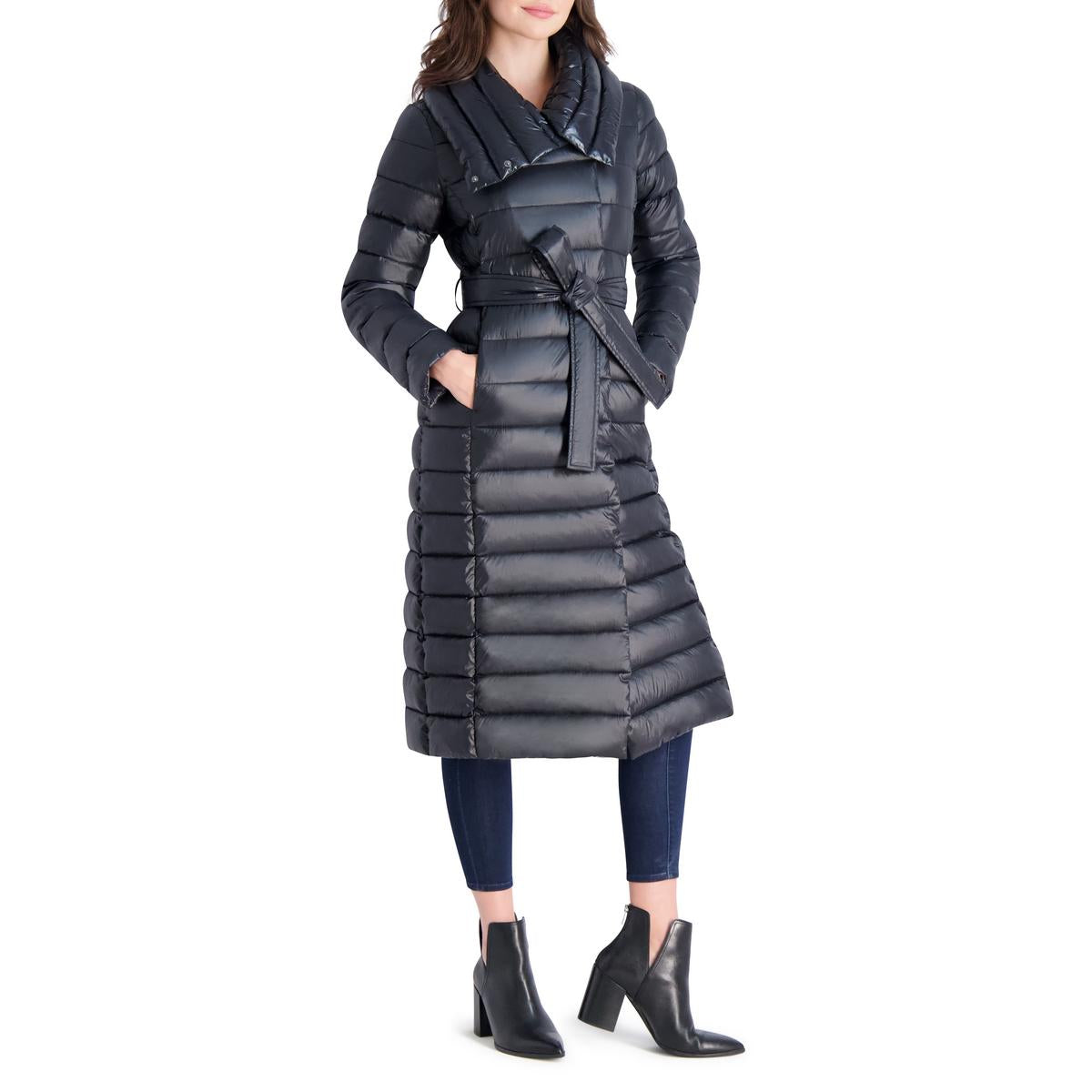 Long Quilted Winter Puffer Coat with Belted Waist